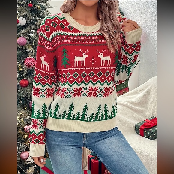 New red green cream Christmas sweater Christmas trees poinsettias reindeerer XXL - Picture 1 of 11